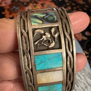 Turquoise, mother of pearl , onyx inlay sterling silver, Navajo cuff.